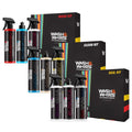 Car detailing kits with labeled spray bottles and boxes for wash, clean, and seal.