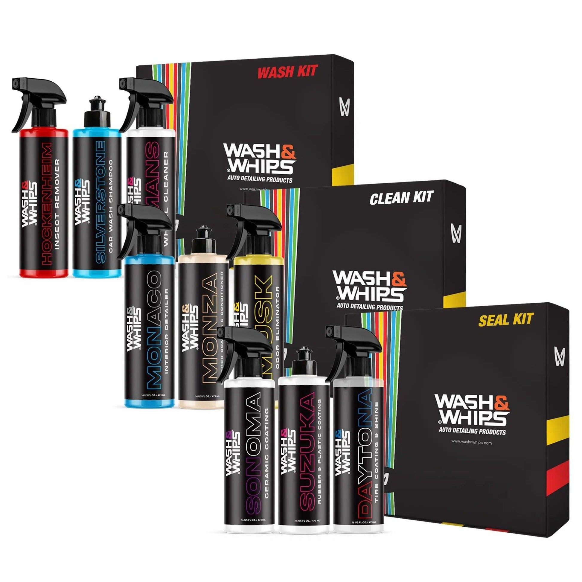 Car detailing kits with labeled spray bottles and boxes for wash, clean, and seal.