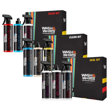 WASH&WHIPS 3-Step Car Care System car wash kit with multiple cleaning tools and accessories on a white background.