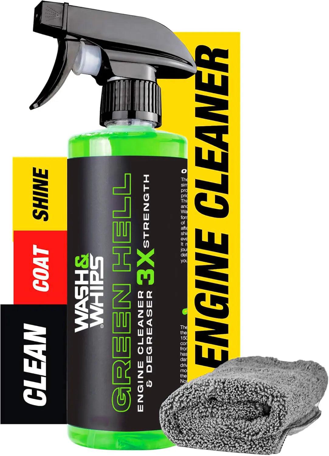 WASH & WHIPS Green Hell engine cleaner and degreaser in a spray bottle, used for deep cleaning engine parts and removing grease.