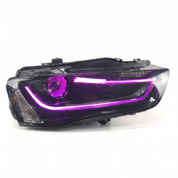 Audi B8.5 S4 custom blacked-out headlight with purple RGB DRL and demon eye lit