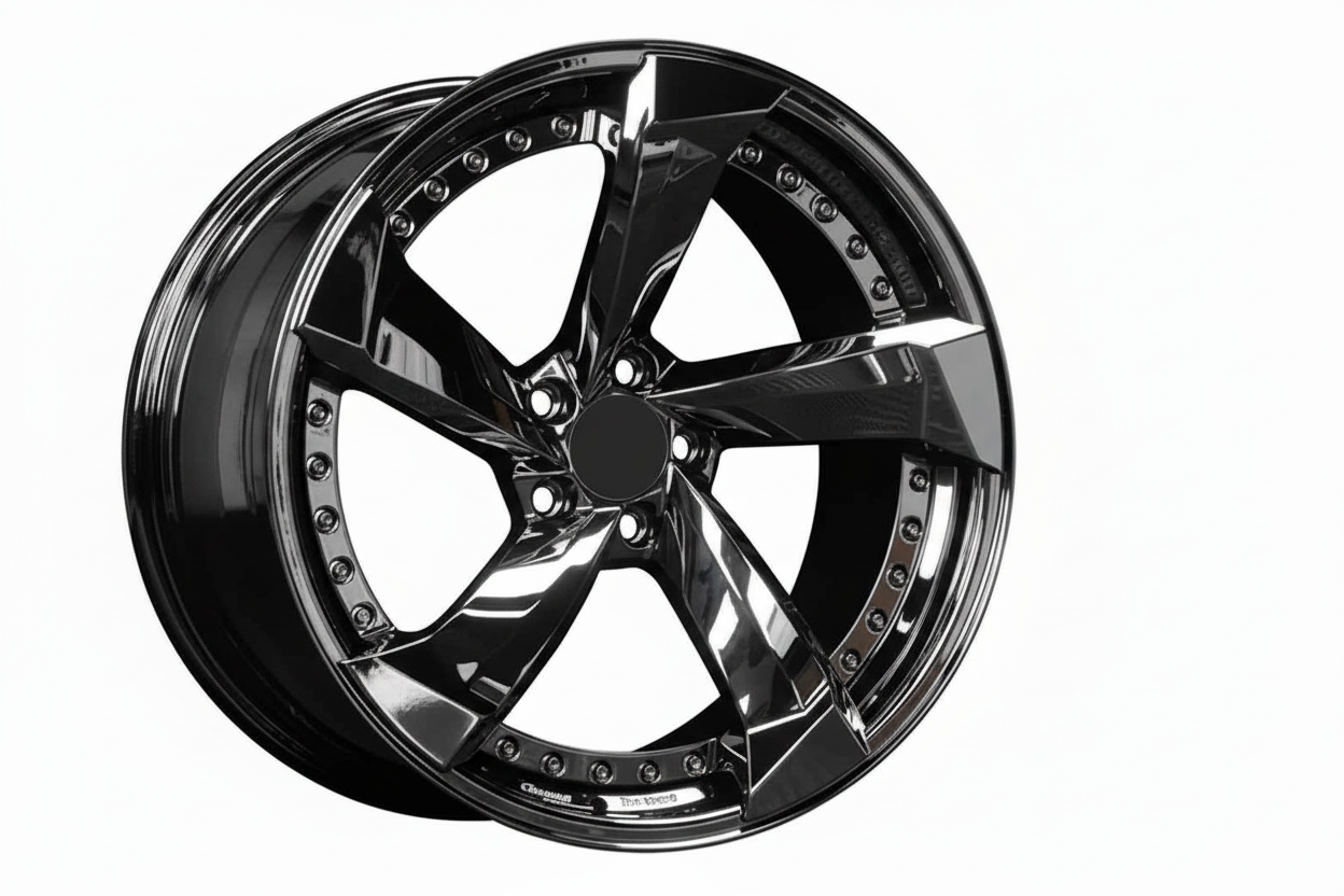 Gloss black multi-spoke alloy wheel with detailed rivets for performance cars