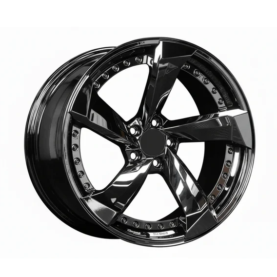 Gloss black alloy performance wheel rim with five split spokes, isolated on white background.