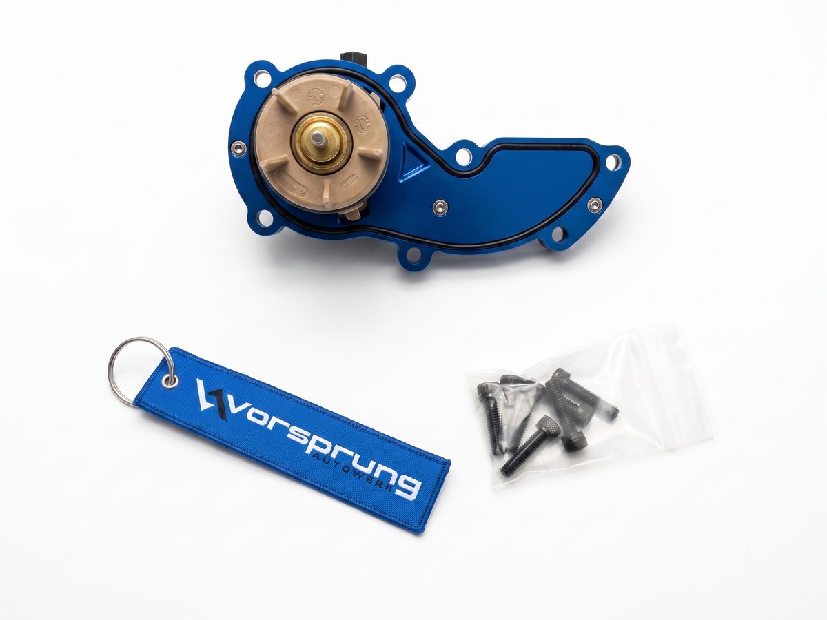 Vorsprung Autowerk Audi 3.0T billet thermostat housing for EA837 Gen 1 Non-Evo, alternate angle showing machined detail.