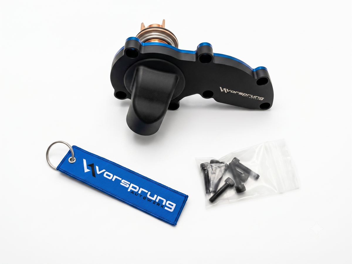 Vorsprung Autowerk Audi 3.0T billet thermostat housing for EA837 Gen 1 Non-Evo, shown as a complete billet housing.