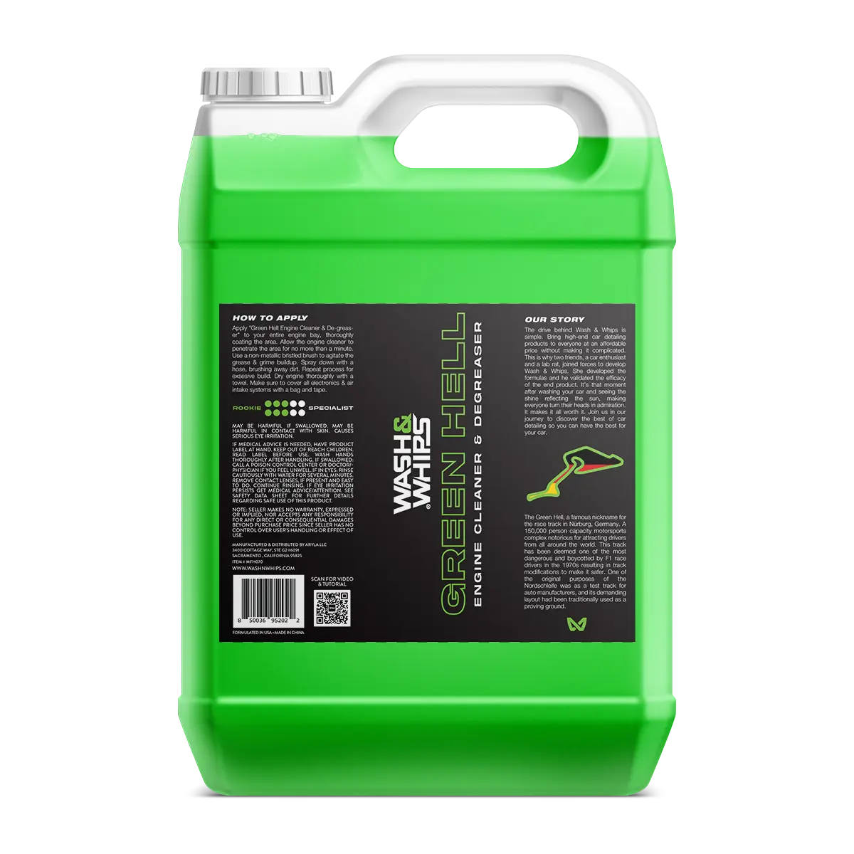 WASH&WHIPS Green Hell engine cleaner and degreaser in a green container, designed for automotive engine cleaning and degreasing.