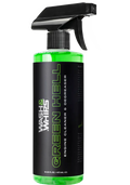 WASH&WHIPS Green Hell engine cleaner and degreaser bottle with green label, nozzle, and safety warnings on a white background.