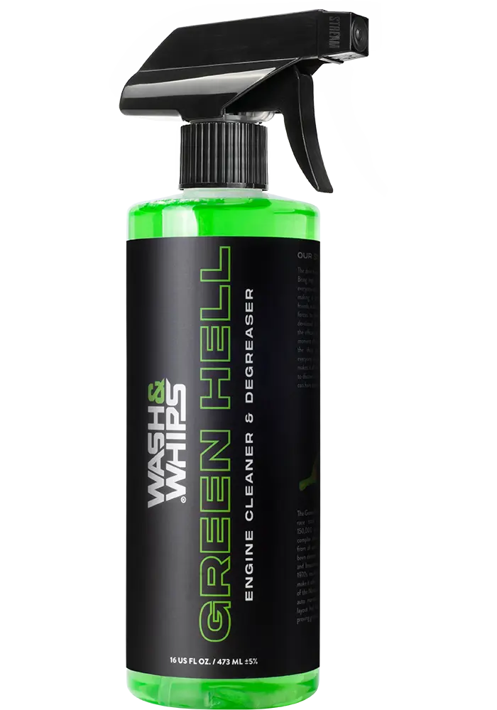 WASH&WHIPS Green Hell engine cleaner and degreaser bottle with green label, nozzle, and safety warnings on a white background.