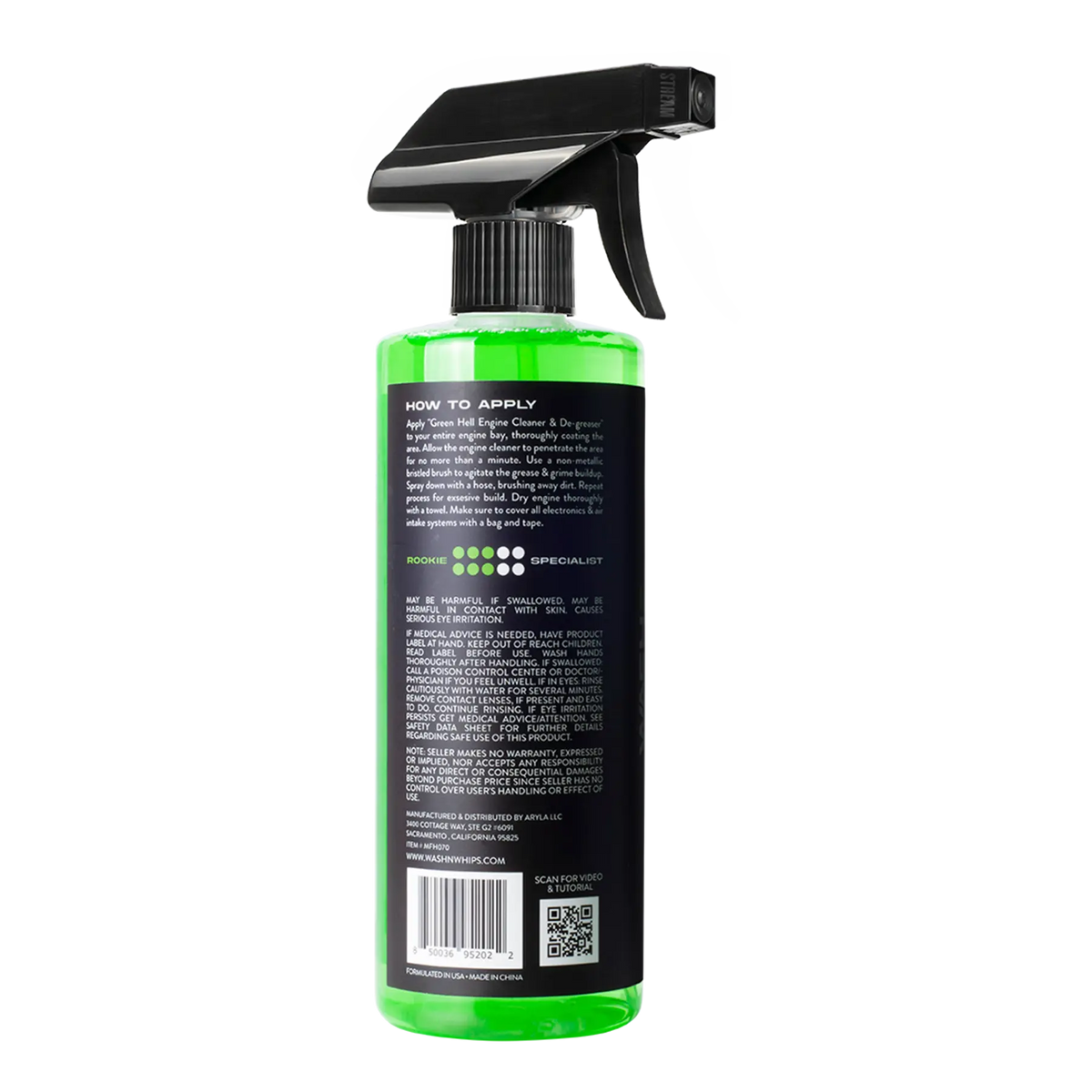 WASH&WHIPS Green Hell engine cleaner and degreaser in a spray bottle, designed for removing grease and grime from engines.