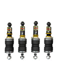 Yellow Speed Racing Dynamic Pro Air Struts for Audi R8 2008-2015, Type 42, shown mounted on vehicle with detailed components.