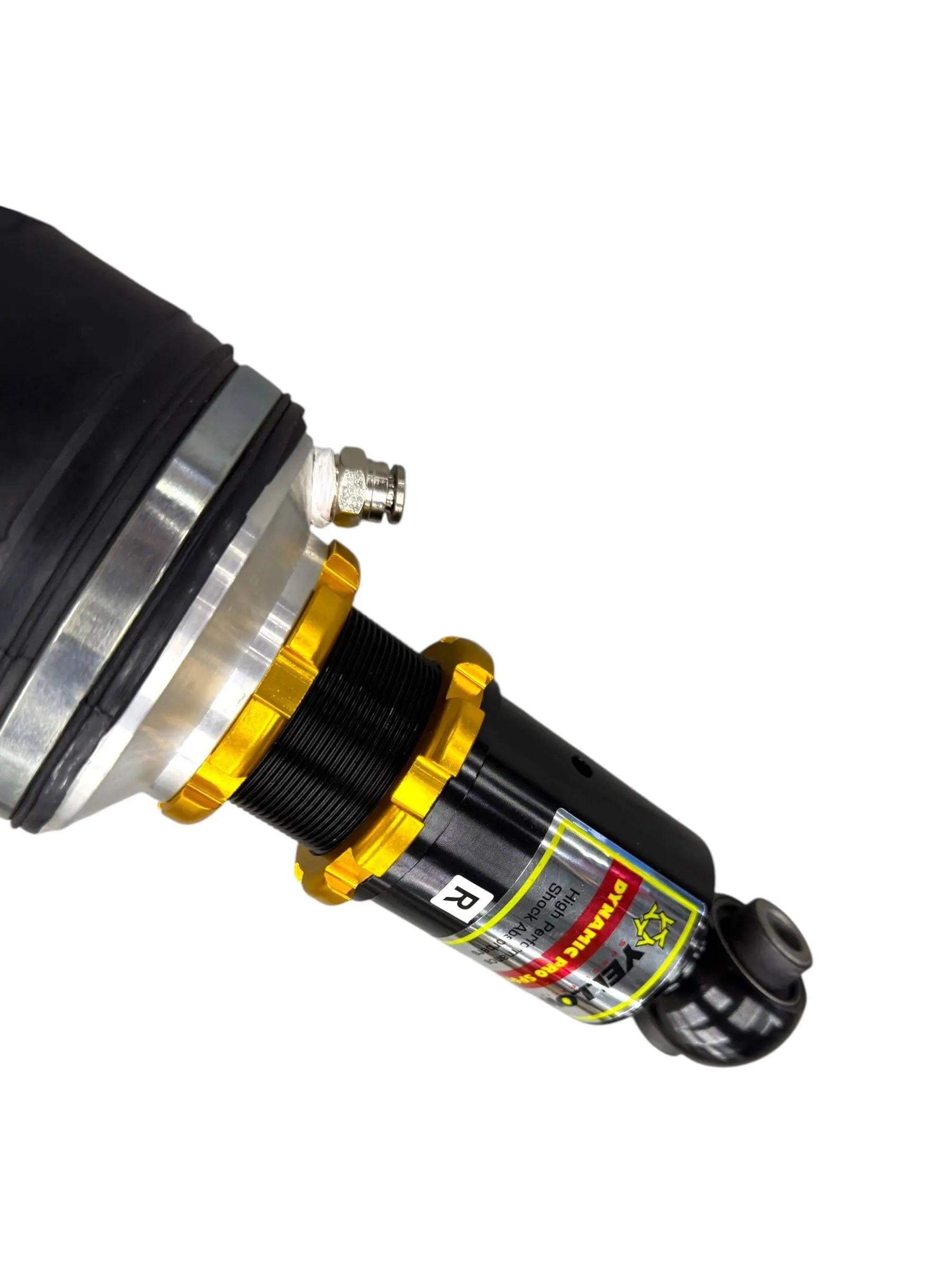 Yellow Speed Racing Dynamic Pro Air Struts for Audi R8 2016-2024, Type 4S, shown installed on vehicle.