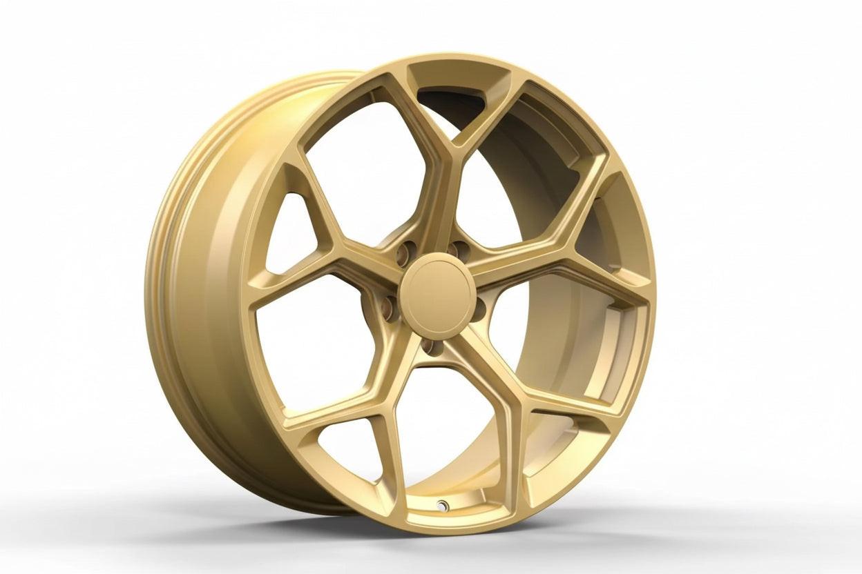 Gold forged alloy wheel with modern multi-spoke design for performance cars