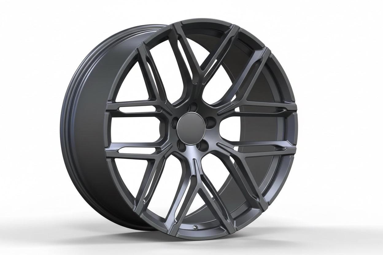 Glossy black multi-spoke alloy wheel for Audi, performance car rim on white background