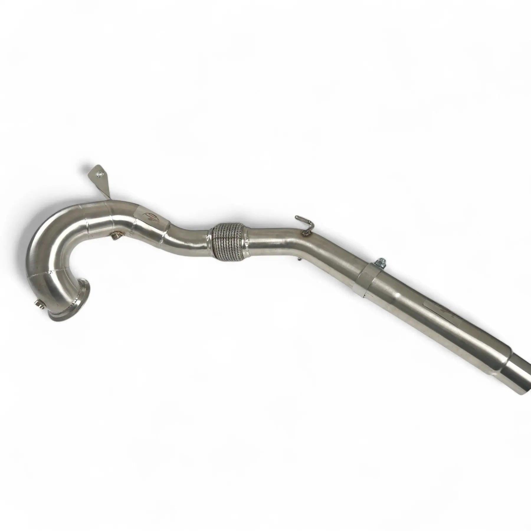 Stainless steel performance downpipe for Audi, featuring flex joint and smooth bends