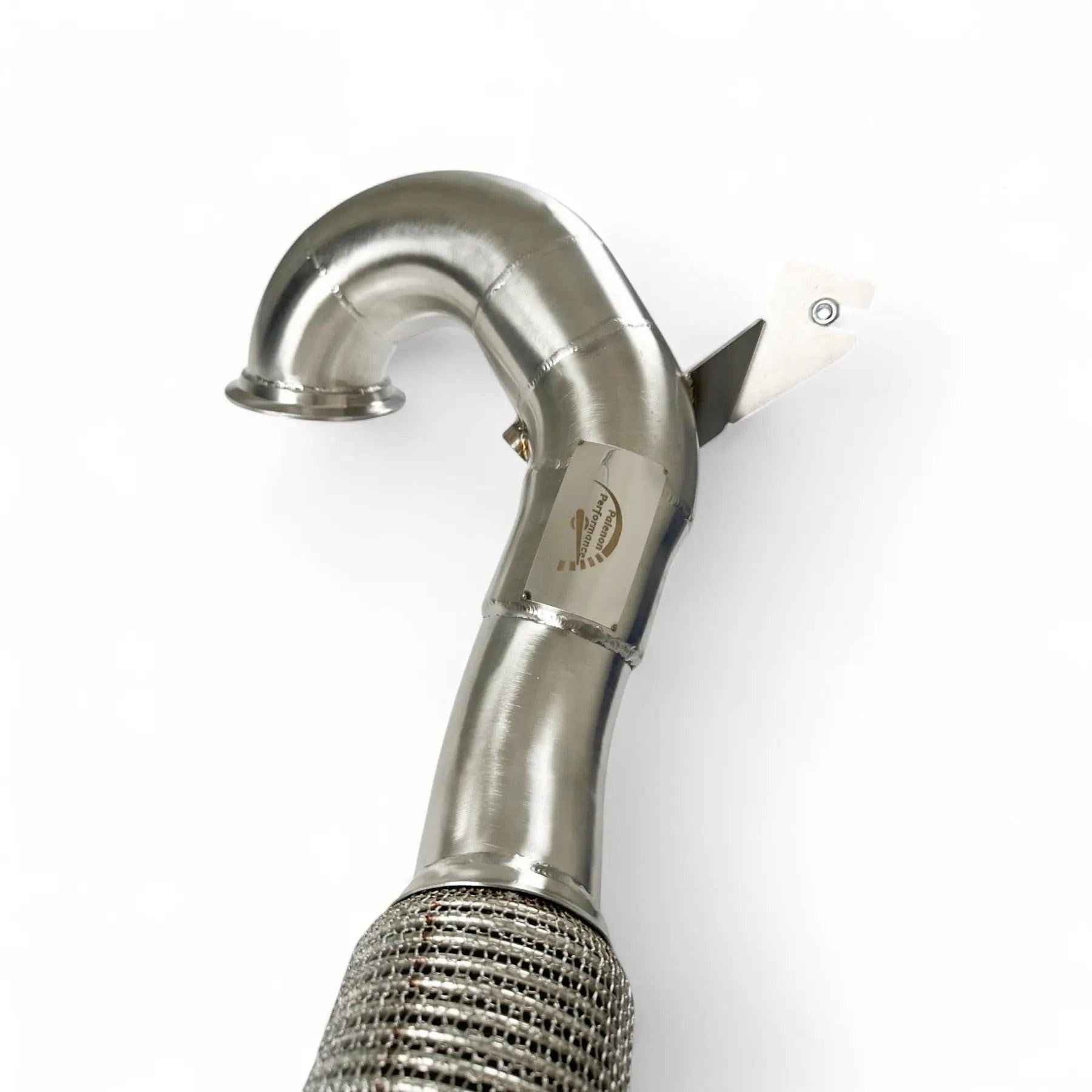 Stainless steel performance downpipe for Audi vehicle on white background