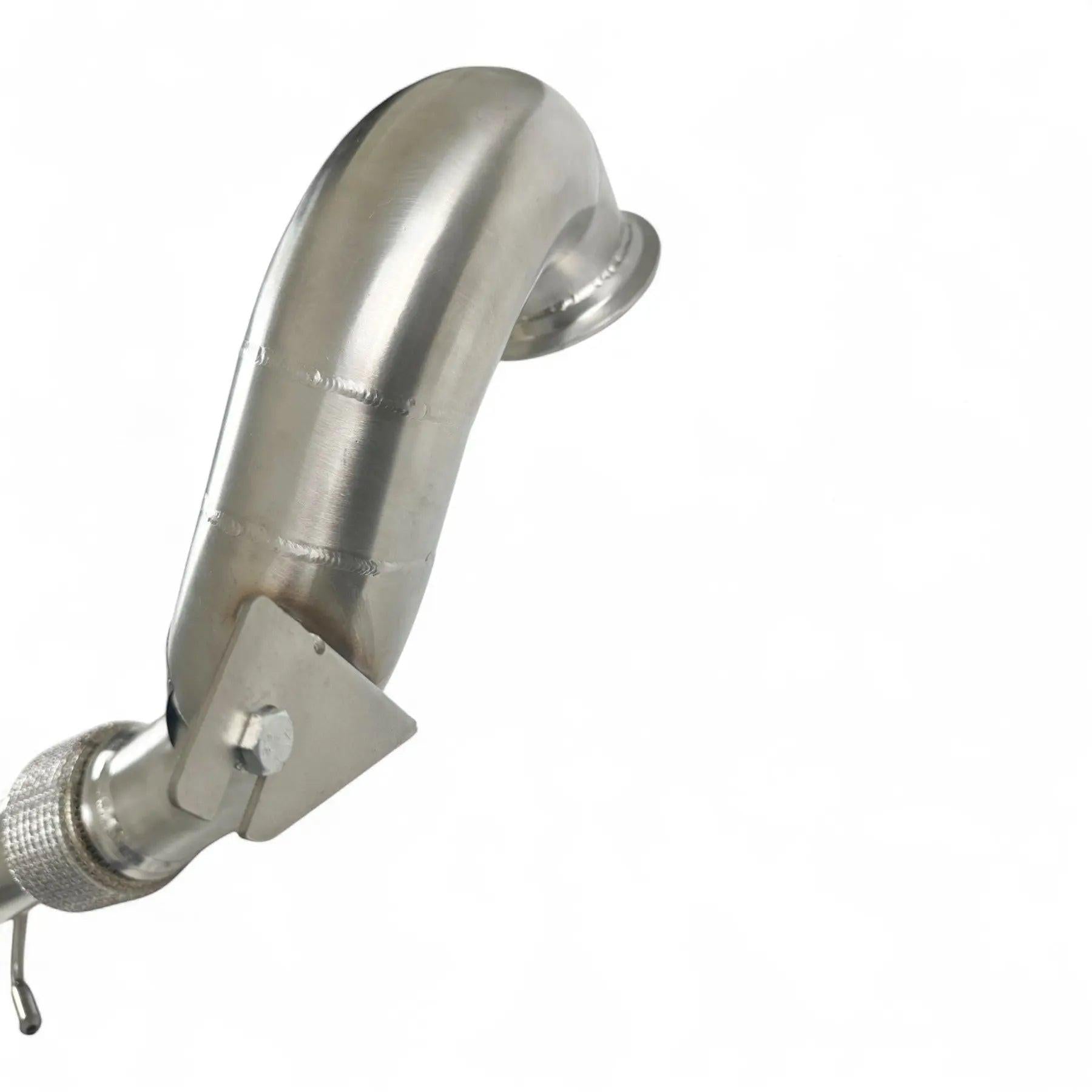Stainless steel automotive downpipe for Audi performance exhaust system on white background