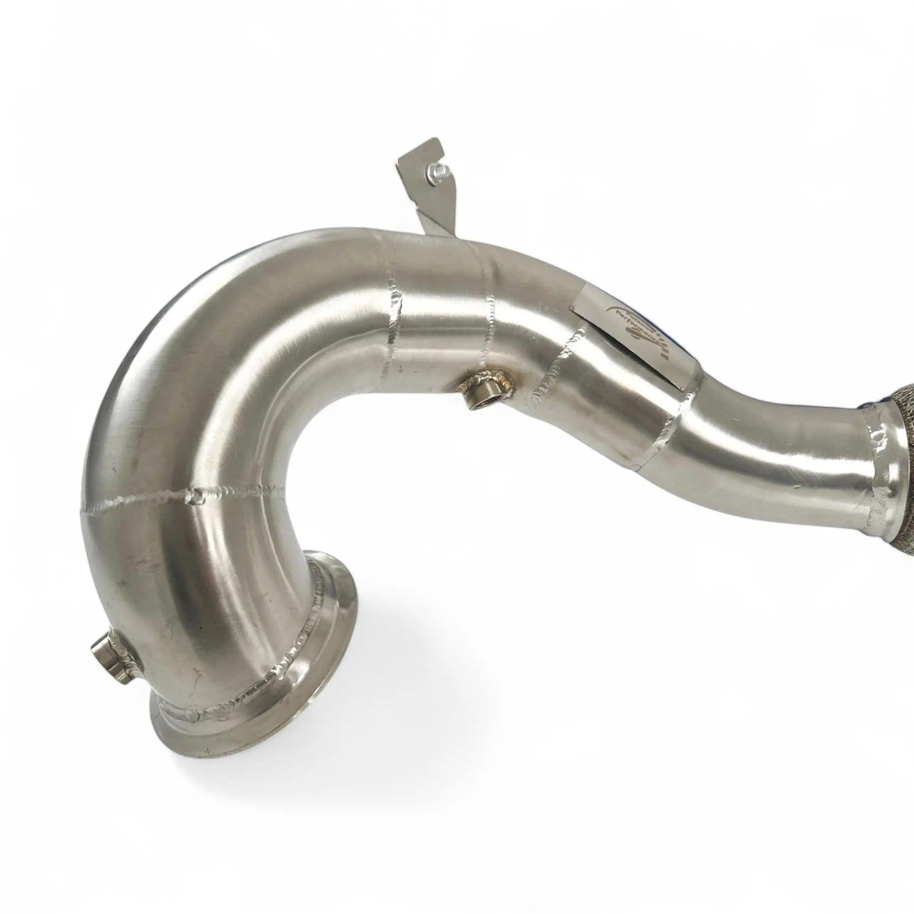 Stainless steel automotive performance downpipe for Audi, featuring welded bends.