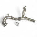 Stainless steel Audi performance downpipe with flex joint and mounting clamp on white background