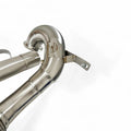 Stainless steel performance downpipe for Audi, featuring welded bends and mounting bracket.