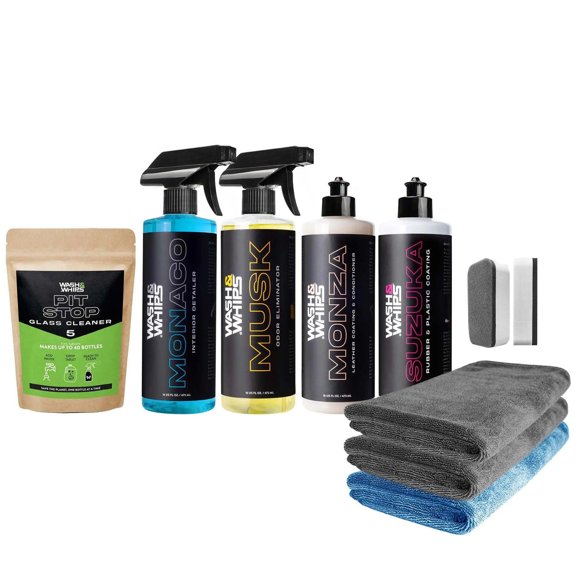 WASH & WHIPS interior car detailing kit with various cleaning tools and products for car interior cleaning and maintenance.