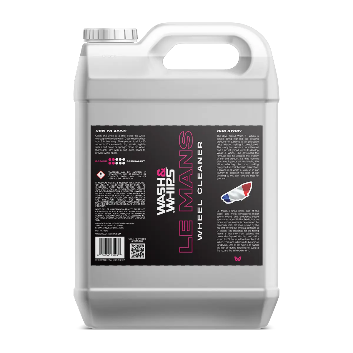 Wash & Whips Le Mans Wheel Cleaner large container with black and pink label