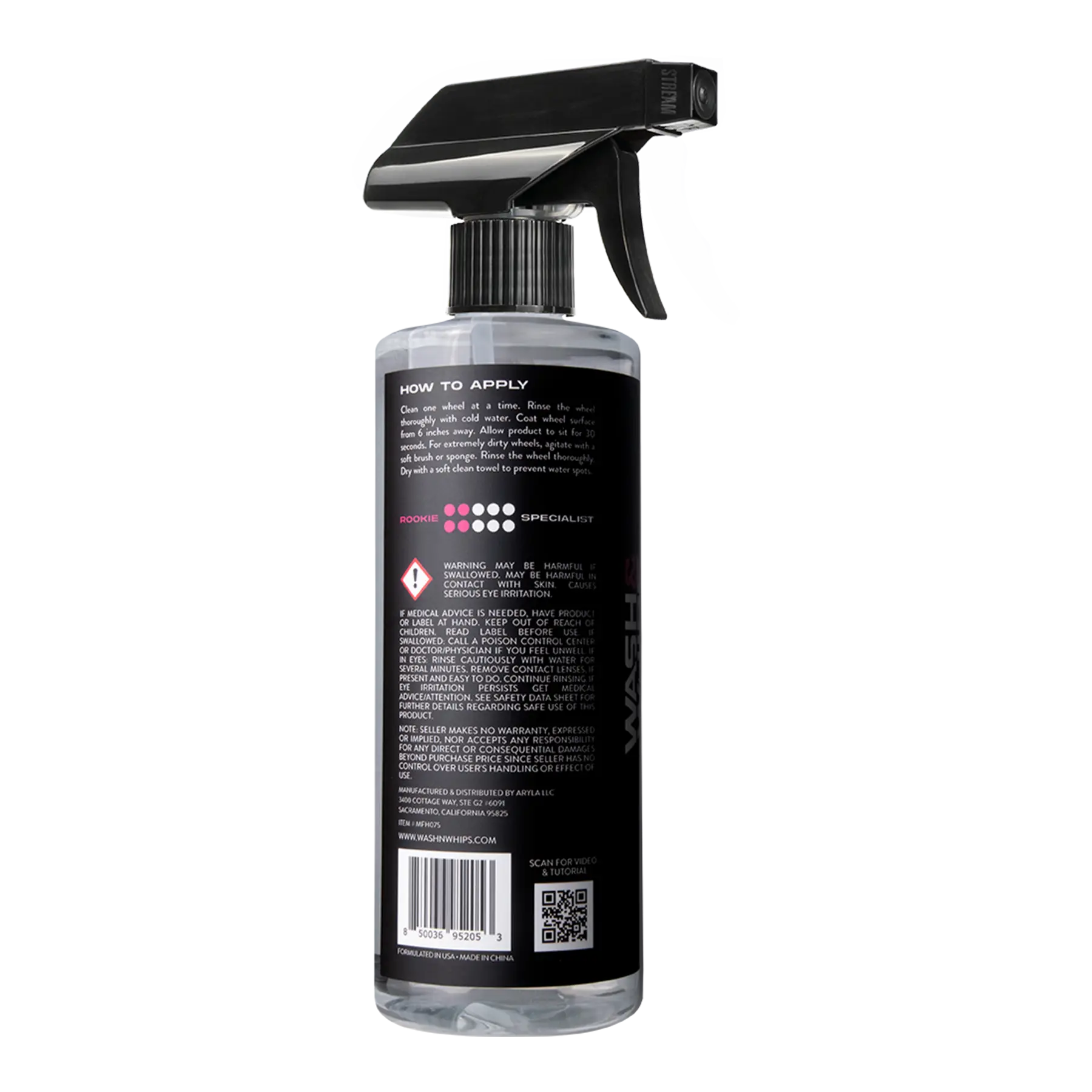 Back view of automotive spray bottle with application instructions and safety warnings