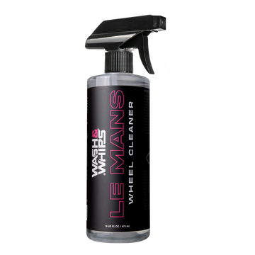 WASH&WHIPS Le Mans Wheel Cleaner applied to a car's front wheel, showcasing cleaning and detailing of alloy rims.