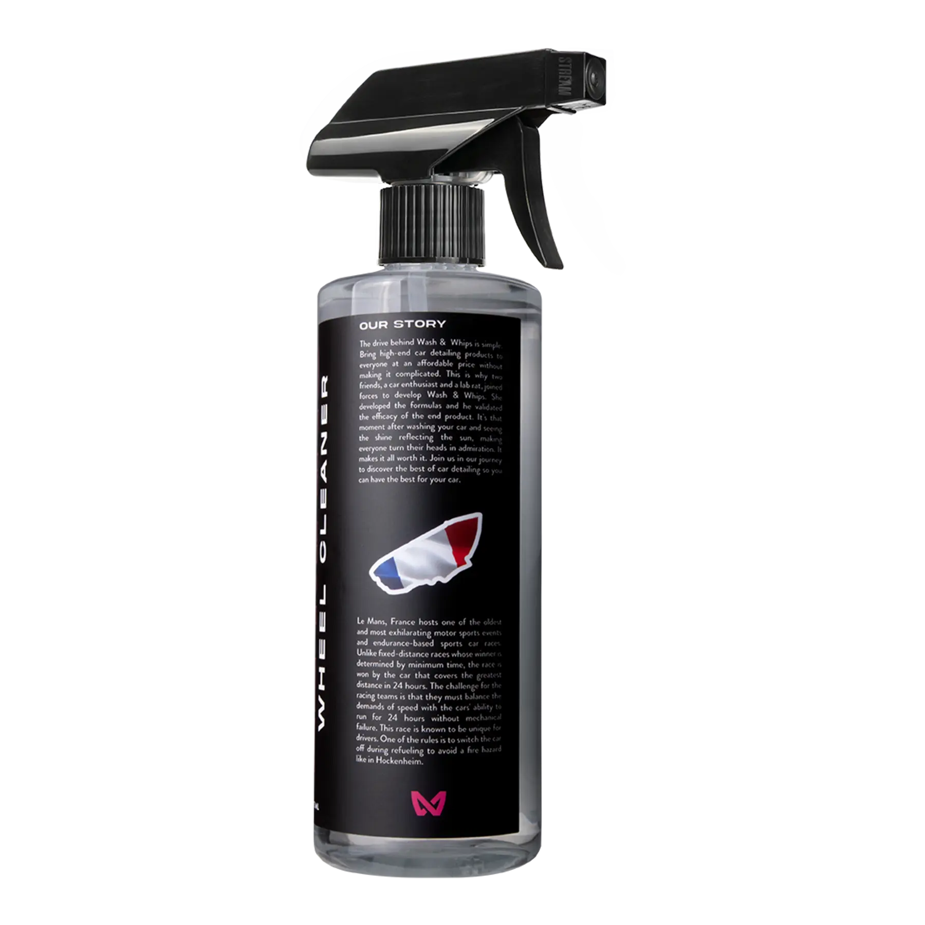 Automotive wheel cleaner spray bottle with black label and trigger nozzle