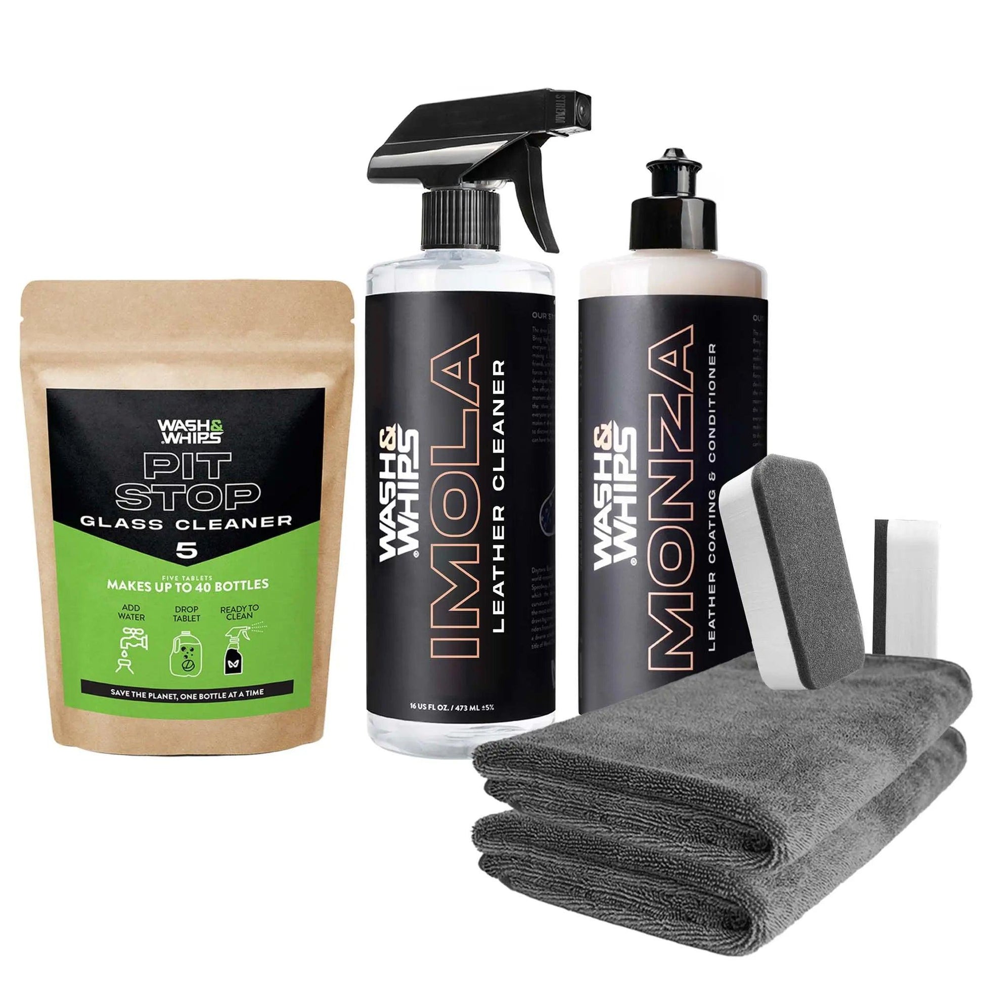 WASH & WHIPS Leather Care Kit with cleaning and conditioning products for leather furniture and accessories.
