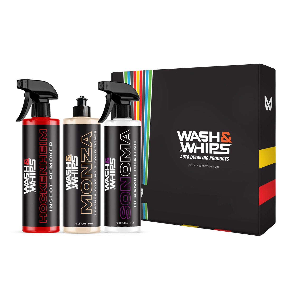 WASH&WHIPS MotoPro motorcycle detailing kit with cleaning and shining tools for motorcycle care and protection.