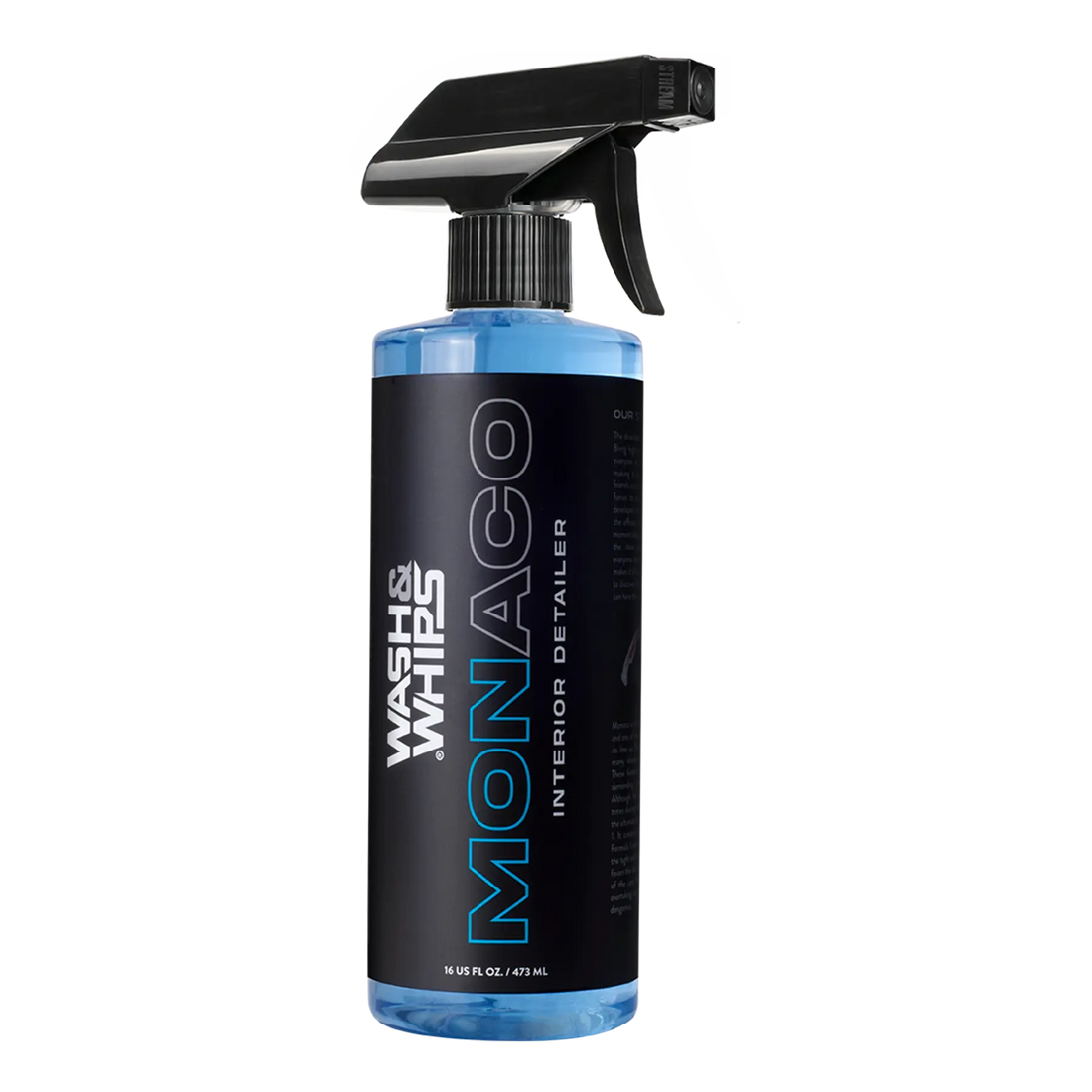 Wash & Whips Monaco interior detailer spray bottle, 16 oz, with black label and trigger nozzle.