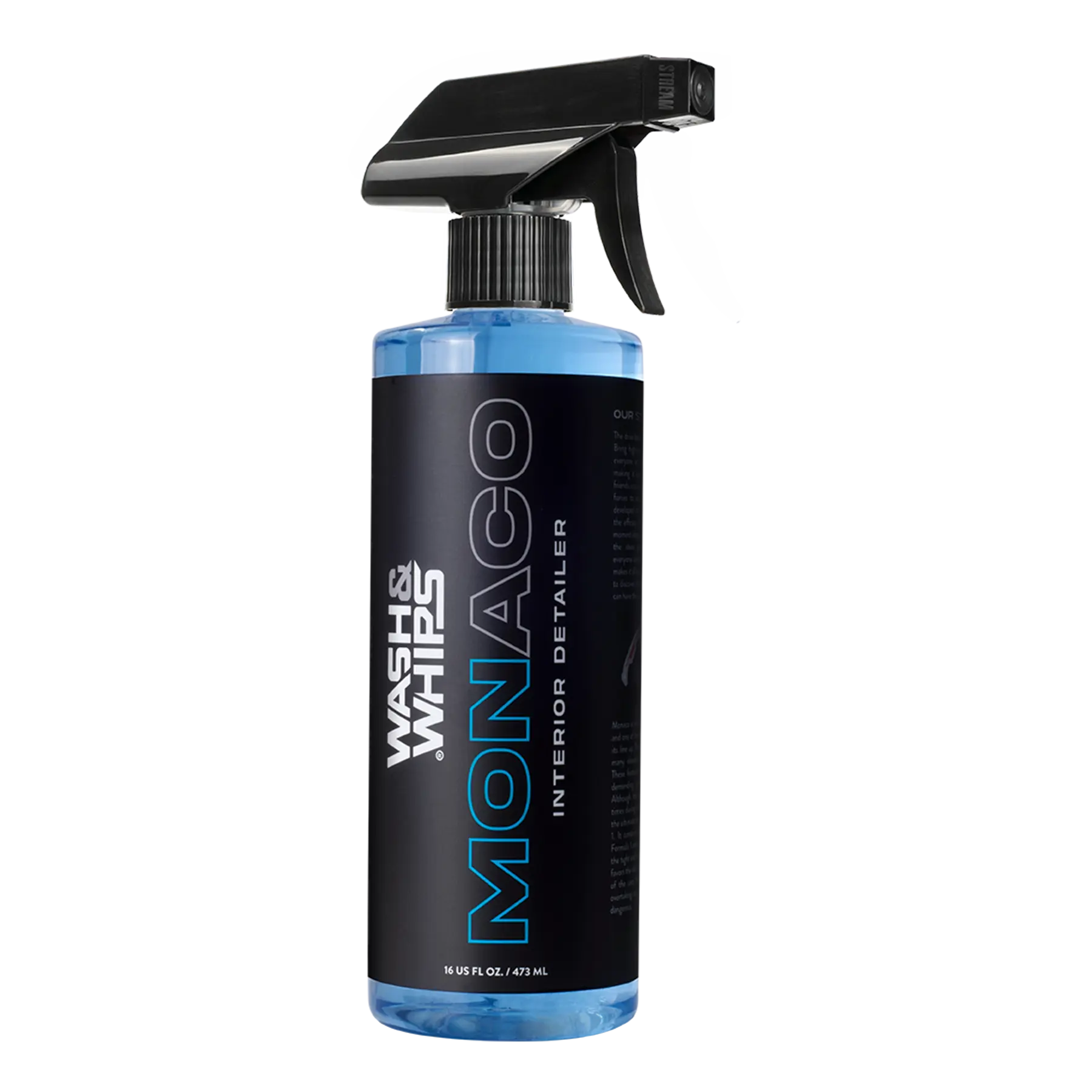 WASH&WHIPS Monaco Interior Cleaner bottle with label, showcasing the product for car interior cleaning.