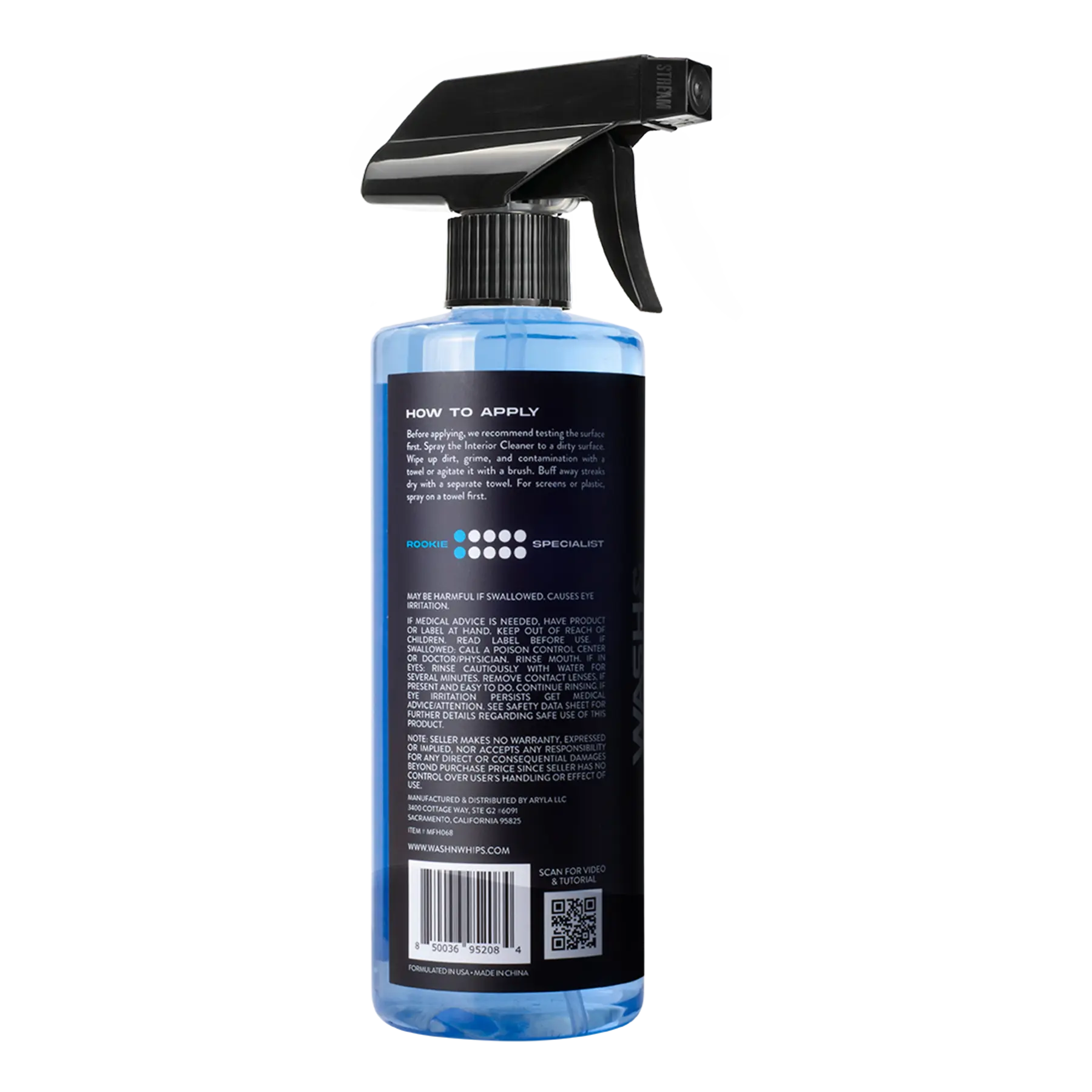 WASH & WHIPS Monaco Interior Cleaner bottle with label, showcasing the product for car interior cleaning.