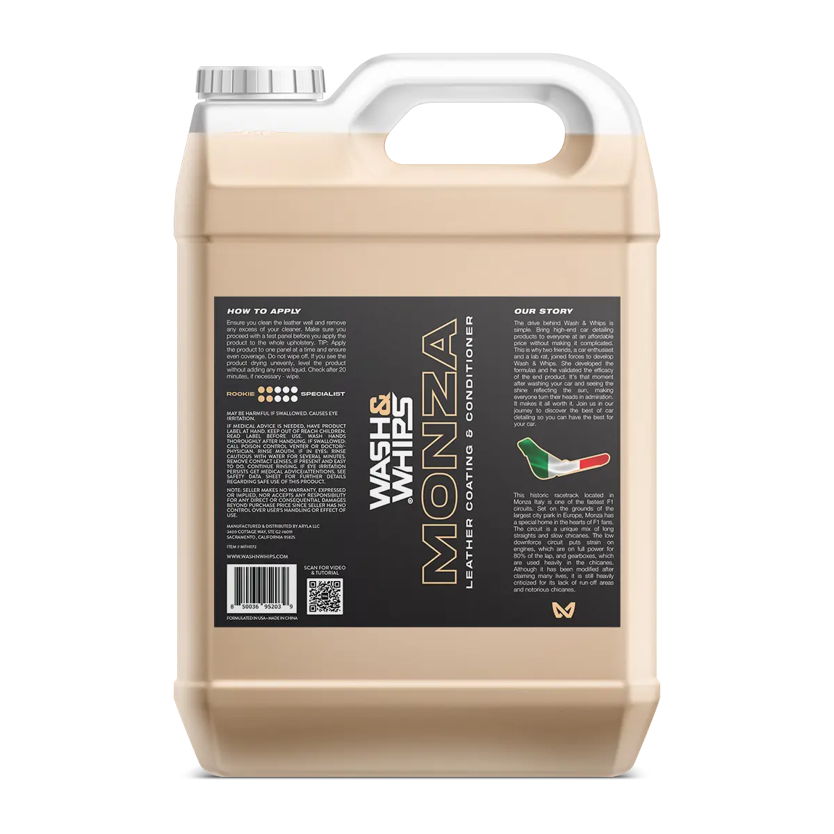 WASH & WHIPS Monza Leather Coating and Conditioner bottle with black cap and label, for leather care and conditioning.