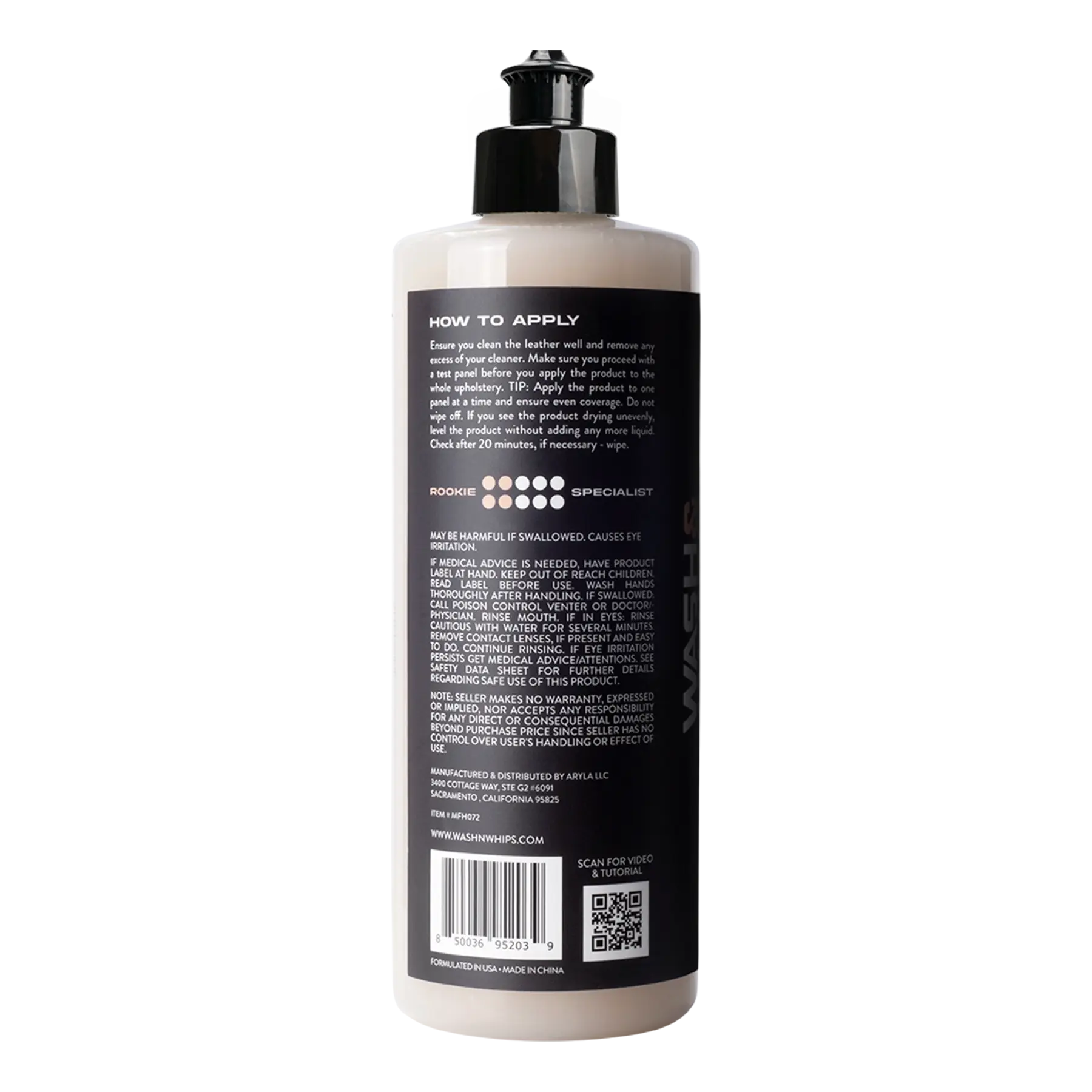 WASH&WHIPS Monza Leather Coating and Conditioner bottle shown from side view, designed to protect and condition leather surfaces.