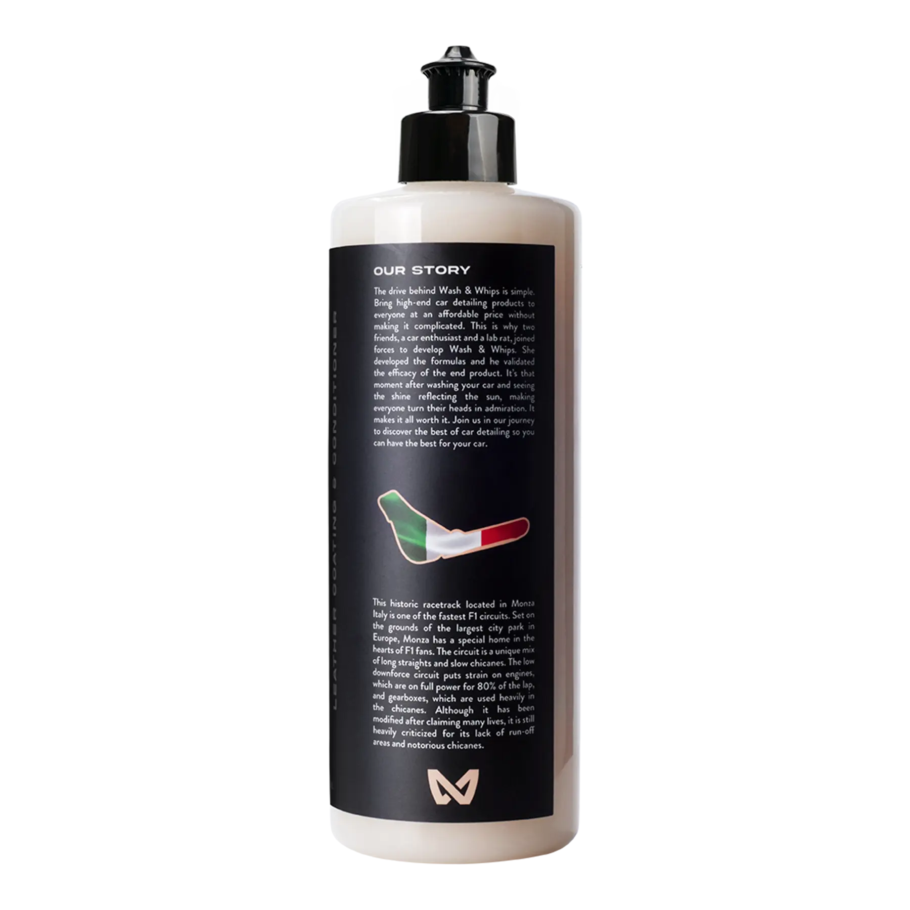 WASH&WHIPS Monza Leather Coating and Conditioner bottle with product label, designed for leather care and maintenance.
