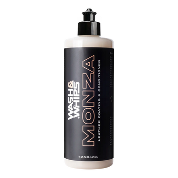 WASH&WHIPS Monza Leather Coating and Conditioner bottle with black cap and label, designed for leather preservation.
