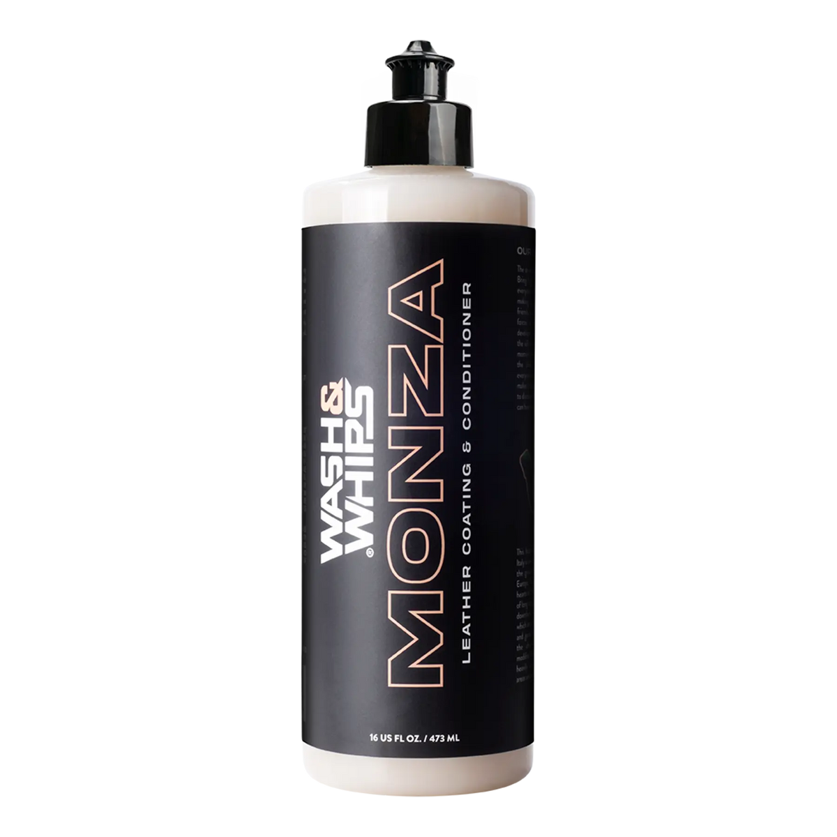 WASH & WHIPS Monza leather coating and conditioner bottle with product label, showcasing the premium leather care solution.