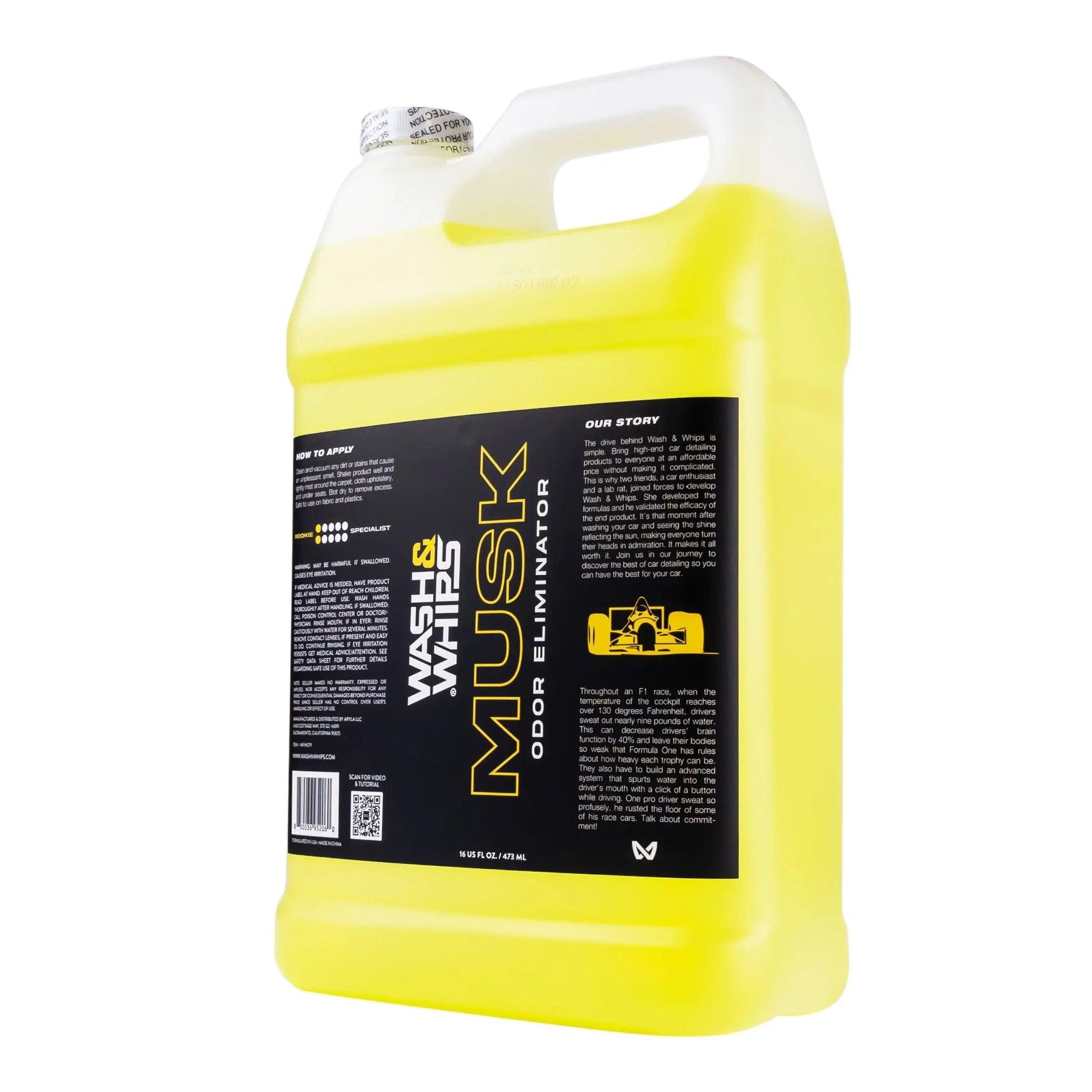 WASH & WHIPS Musk Odor Eliminator in a 1-gallon container, natural musk scent, designed to neutralize odors effectively.