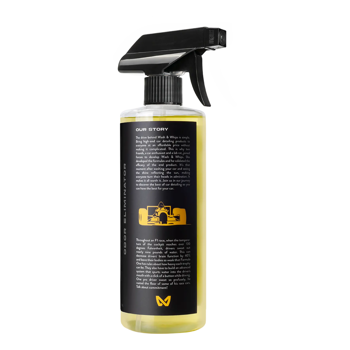 WASH&WHIPS Musk Odor Eliminator 16oz bottle with label, designed to remove strong musk odors from fabrics and surfaces.