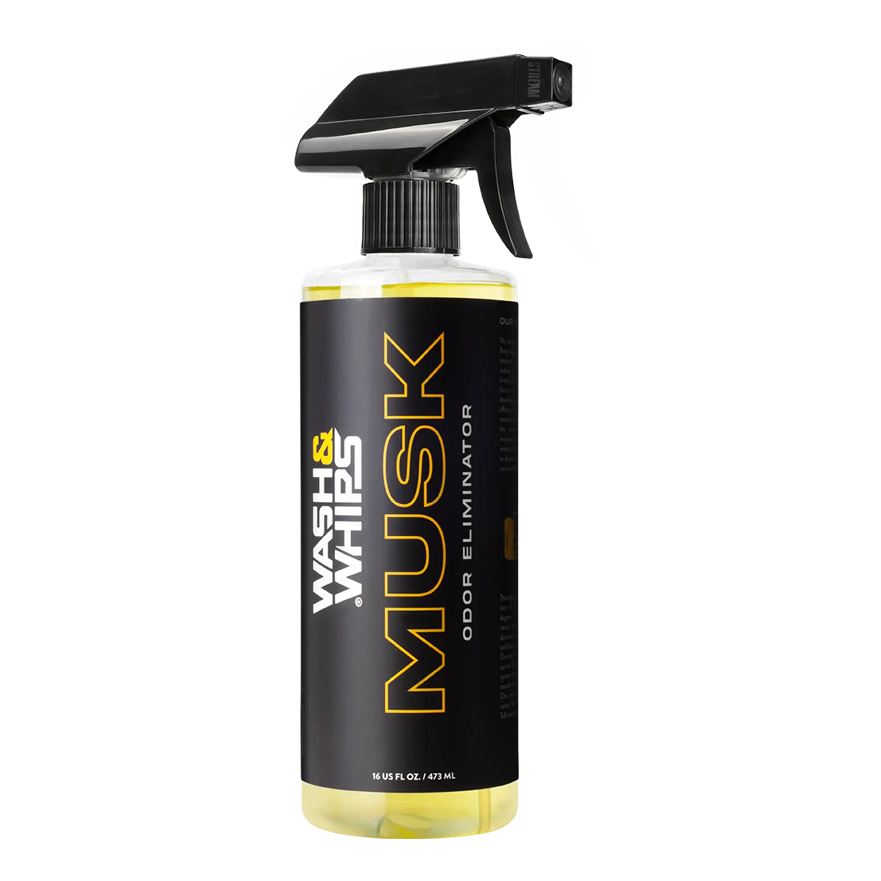 WASH&WHIPS Musk Odor Eliminator 16oz bottle with label, fresh musk scent, designed to eliminate odors effectively.