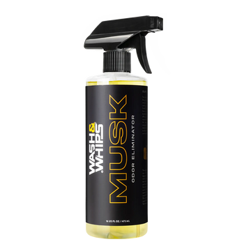 WASH&WHIPS Musk Odor Eliminator 16oz bottle with label, fresh musk scent, designed to eliminate odors effectively.