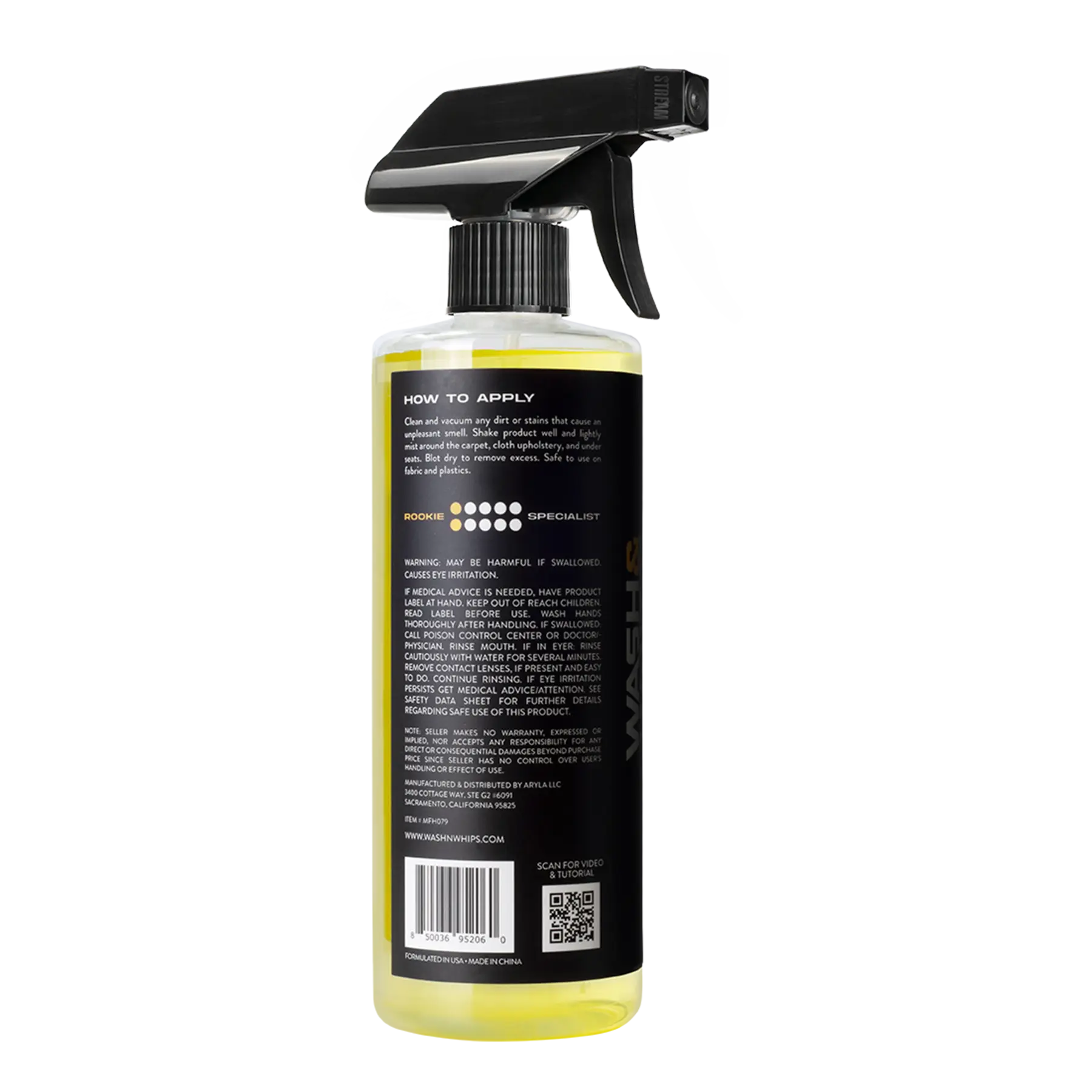 WASH & WHIPS Musk Odor Eliminator 16oz bottle, fresh musk scent, product label with brand logo and clean design.