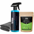 Car interior cleaning kit with spray bottle, glass cleaner tablets, and microfiber towels