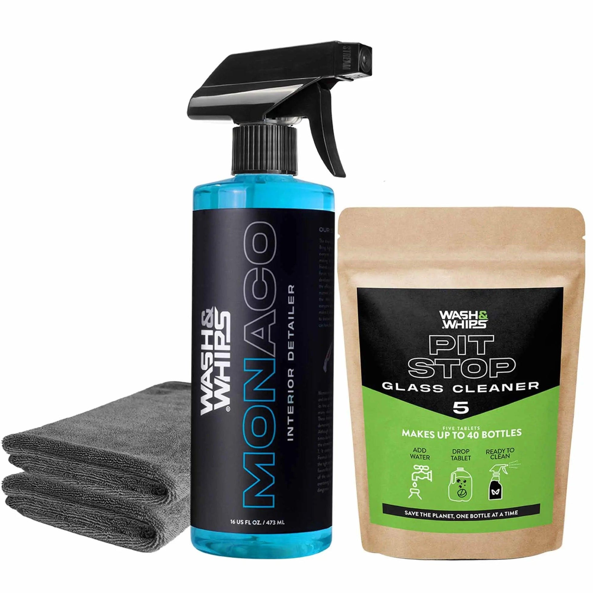 Car interior cleaning kit with spray bottle, glass cleaner tablets, and microfiber towels