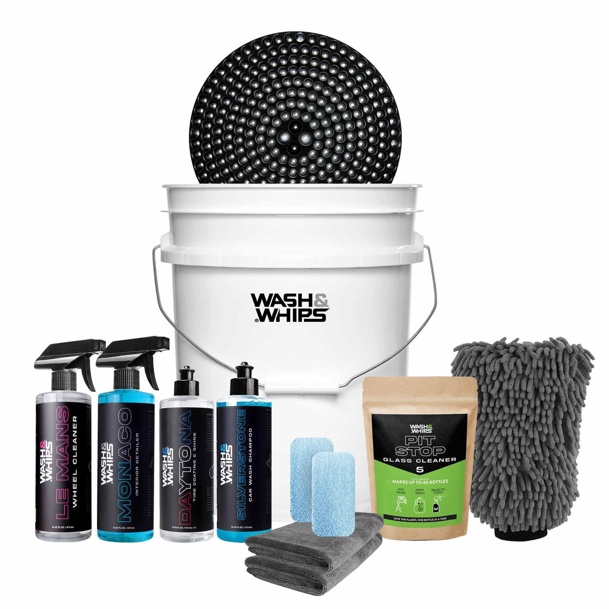 WASH & WHIPS New Car Total Care Kit with 10 car wash tools and accessories for complete vehicle cleaning and detailing.