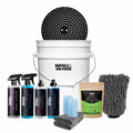 Car cleaning kit with wash bucket, spray bottles, microfiber towels, sponges, glass cleaner, and mitt.