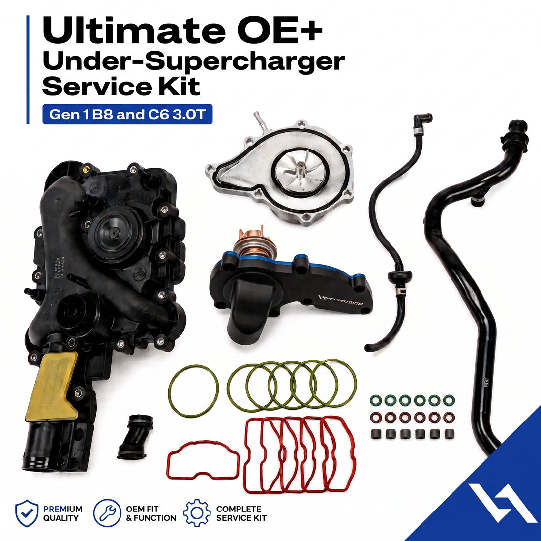Vorsprung Autowerk OE Ultimate Under Supercharger Kit for Audi EA837 B8, C6, and 4L 3.0T Gen 1, complete replacement parts kit.