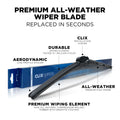 Premium all-weather wiper blade with aerodynamic low-profile, durable flex frame, and quick installation features, displayed with product packaging.