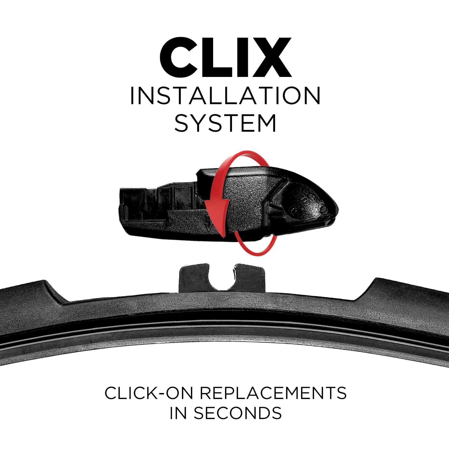 Close-up of CLIX installation system for click-on wiper blade replacements.